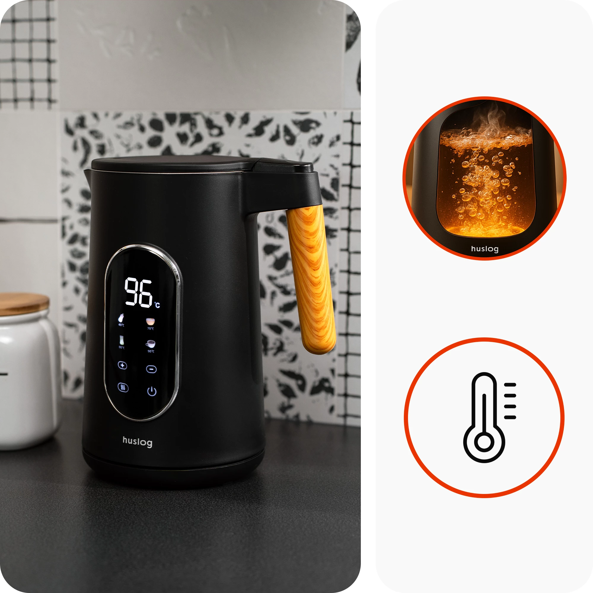 4Czajnik z panelem dotykowym, drewnianą rączką